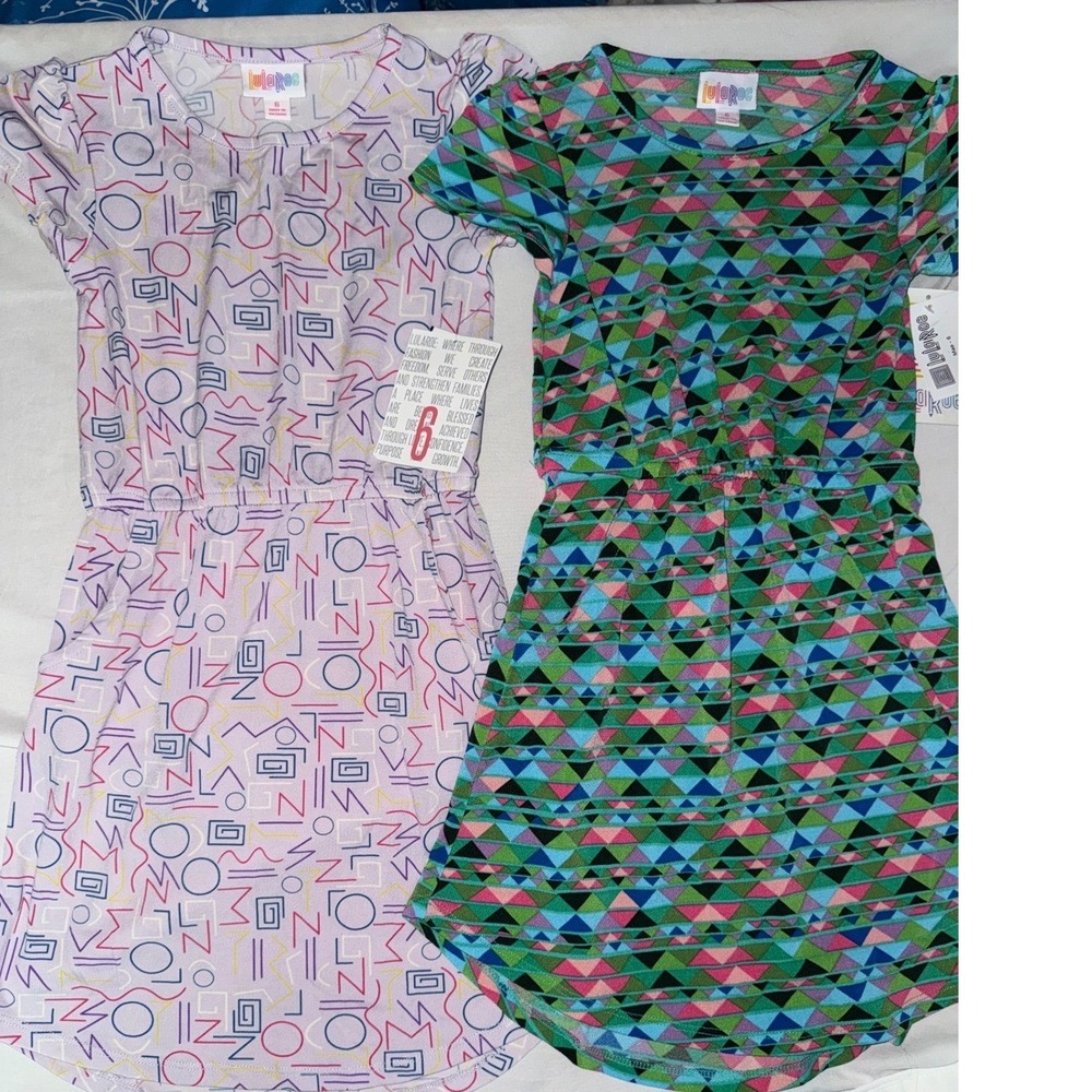 Lot of 2 LuLaRoe Girls Dresses Size 6 NWT Geometric Memphis Print Short Sleeve